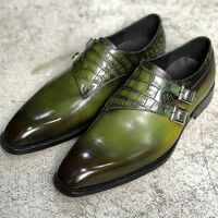 Green Black Twotone Alligator Monk Strap Designer Handmade Men's Shoes Men's Wedding Shoes - Thumbnail 1