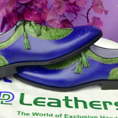 Men green blue patina leather oxford style dress wedding shoes - Thumbnail 1