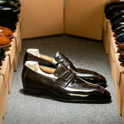 Penny loafer hand-stitched dark brown leather moccasin formal dress shoes - Thumbnail 1