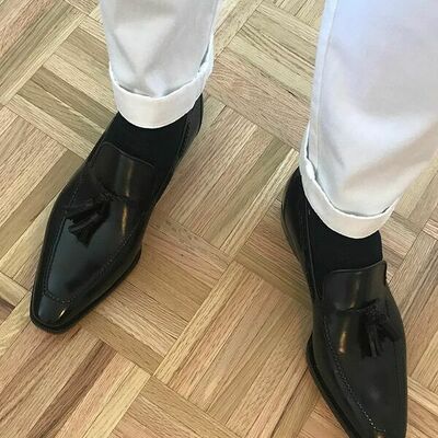 Dark black french calf leather tassel loafers men dress shoes - Thumbnail 1