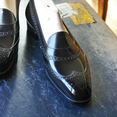 Genuine black calf loafer style wingtip dress shoes - Thumbnail 1