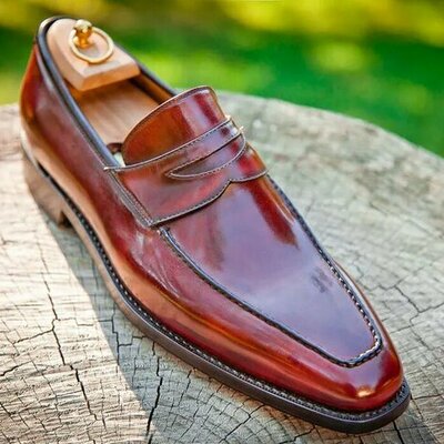Handmade men brown color shine moccasin loafers dress formal shoes - Thumbnail 1