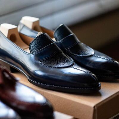 Black leather split toe handmade loafers moccasin shoes