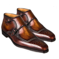 Handmade Men Stylish Brogue Double Monk Strap Pure Leather Men's Shoes - Thumbnail 1