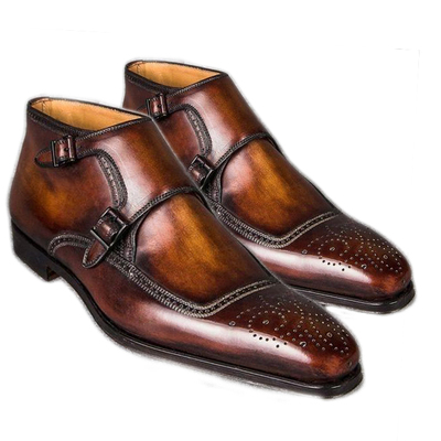 Handmade men stylish brogue double monk strap pure leather men's shoes
