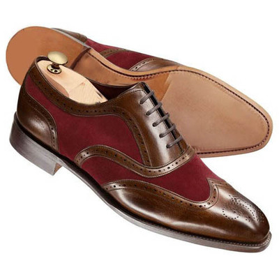 Handmade men brown and burgundy wing tip shoes, men two tone formal shoes