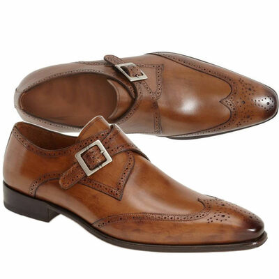 New handmade men's tan brown wing tip brogue monk shoes, men tan leather shoes
