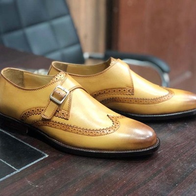 Stylish men's handmade leather monk strap dress shoes, custom made leather shoes