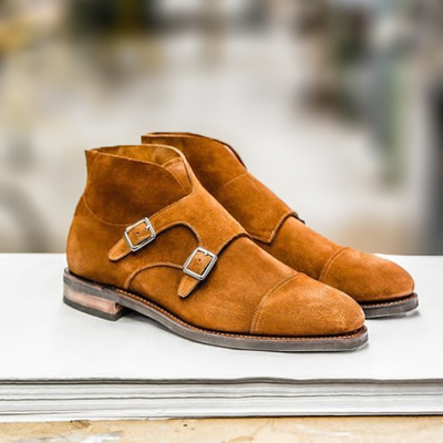 Handcrafted chukka brown tone suede leather men double buckle strap monk boots