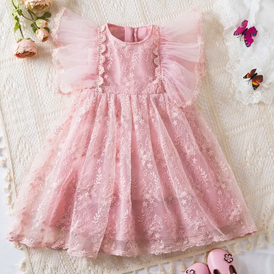 Easter dress for girls pink lace ruffled sleeve floral lace overlay spring summer dress, free shipping