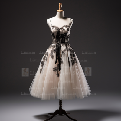 White tulle and black lace edge applique short length lace up evening dress formal occasion elagant clohing hand made w1-1.1 - Thumbnail 3