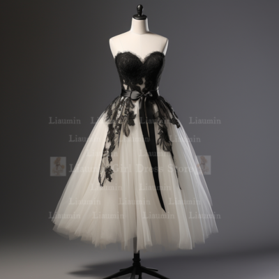 White Tulle and Black Lace Edge Applique Short Length Lace Up Evening Dress Formal Occasion Elagant Clohing Hand Made W1-1.3
