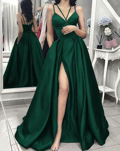 Spaghetti Straps Dark Green V-neck Long Satin Split Prom Dresses