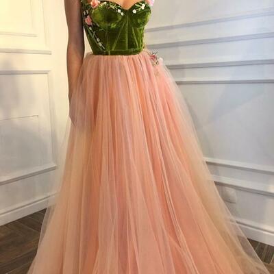 Beautiful light pink spaghetti-straps tulle sleeveless prom dress with green velvet - Thumbnail 4
