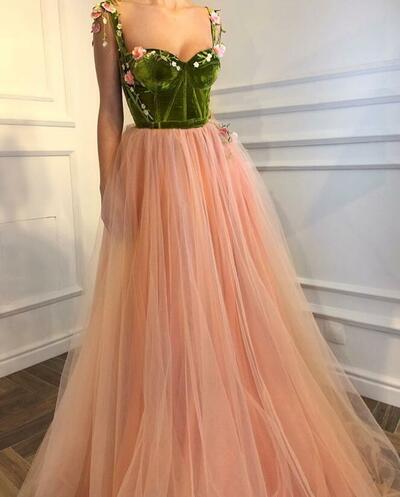Beautiful light pink spaghetti-straps tulle sleeveless prom dress with green velvet
