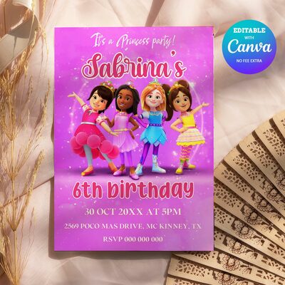 Princess power birthday invitation, princess power party invitation printable and canva editable