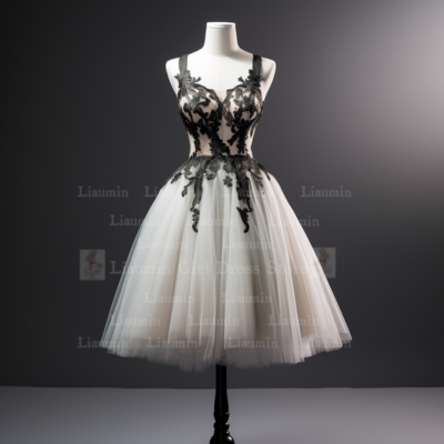 White Tulle and Black Lace Edge Applique Short Length Lace Up Evening Dress Formal Occasion Elagant Clohing Hand Made W1-1.4