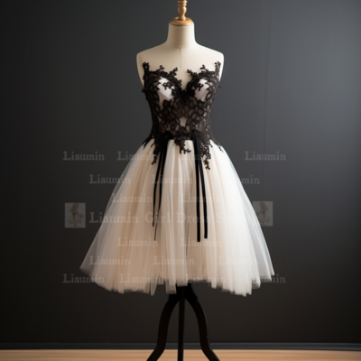 White Tulle and Black Lace Edge Applique Short Length Lace Up Evening Dress Formal Occasion Elagant Clohing Hand Made W1-1.6