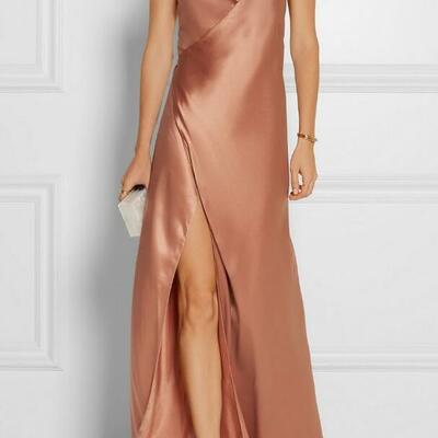 A-line spaghetti straps champagne satin prom dress with split  - Thumbnail 4