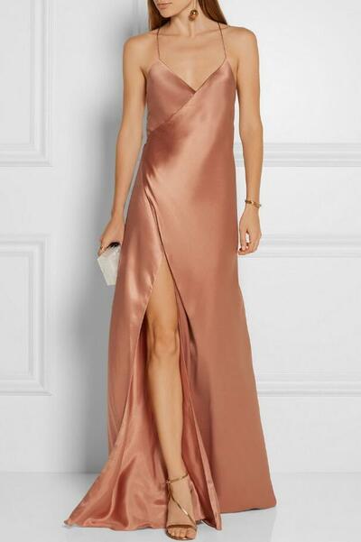 A-Line Spaghetti Straps Champagne Satin Prom Dress with Split 