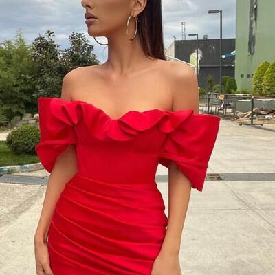 Off shoulder mini cocktail dresses ruffles satin sexy prom dress