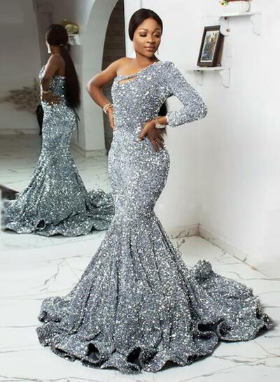 Mermaid Sparkly Silver Sequins Prom Dresses 