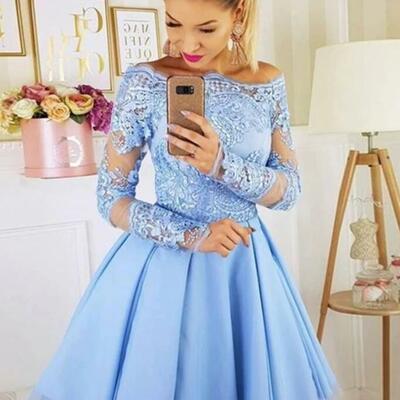 Light blue short lace homecoming dresses