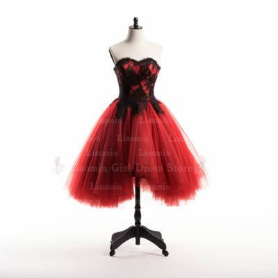 Red and black lace edge applique short length lace up evening dress formal occasion elagant clohing hand made custom w1-2.5 - Thumbnail 3