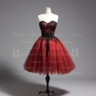 Red and black lace edge applique short length lace up evening dress formal occasion elagant clohing hand made custom w1-2.4