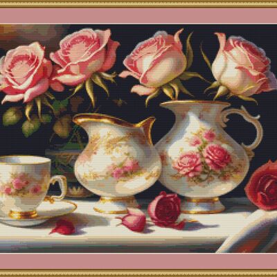 Rose afternoon tea cross stitch pattern
