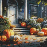 Pumpkins On The Steps Cross Stitch Pattern - Thumbnail 1