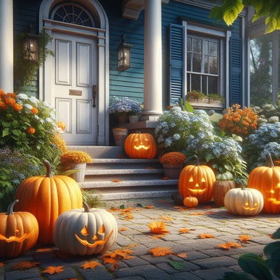 Pumpkins on the steps cross stitch pattern