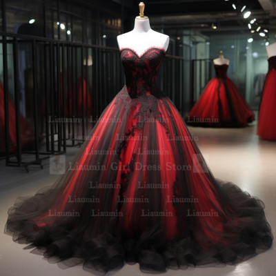 Red tulle and black lace edge applique straplress full length lace up back evening dress formal occasion elagant clohing w1-4.5 - Thumbnail 2