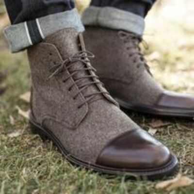 Handmade men's ankle high boot, men's dark brown color leather & tweed lace up formal boot from leather