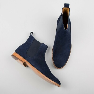 Handcrafted stylish navy blue chelsea jumper slip ons suede leather men boots