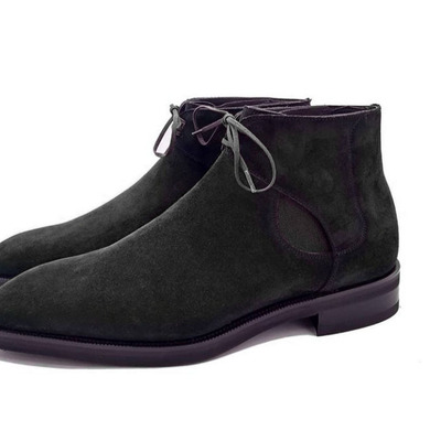 Black suede leather rounded toe high ankle lace up customized high ankle boots - Thumbnail 1