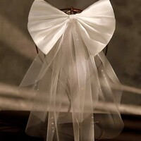 Satin Bow Short Veil with Pearls Details - Thumbnail 1