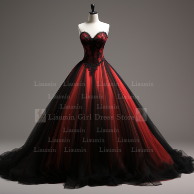 Red Tulle and Black Lace Edge Applique Straplress Full Length Lace Up Back Evening Dress Formal Occasion Elagant Clohing W1-4.8