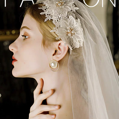 Two tiers finger veils with beaded lace hairband