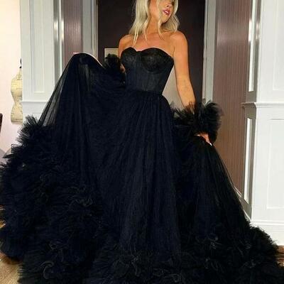 Mermaid strapless black tulle long ball gown prom dresses - Thumbnail 2