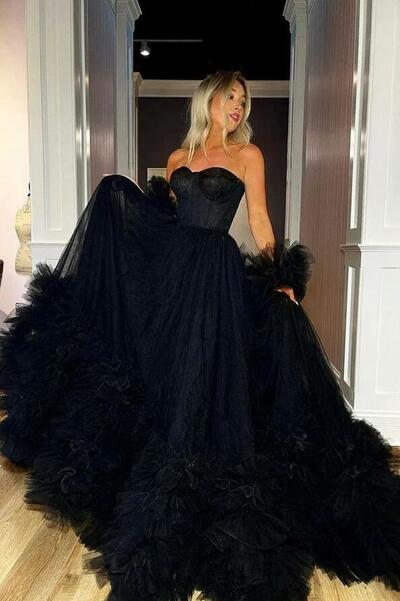 Mermaid Strapless Black Tulle Long Ball Gown Prom Dresses