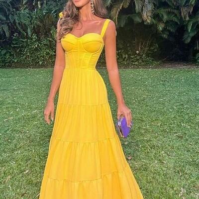 A line straps yellow stain prom gown - Thumbnail 2