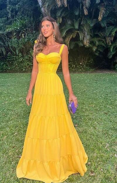A Line Straps Yellow Stain Prom Gown