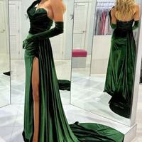 Mermaid Emerald Green Velvet Long High Slit Prom Dress with Train  - Thumbnail 1