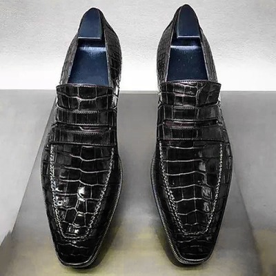 Handmade men's fashion black alligator print leather peeny loafer shoes - Thumbnail 2