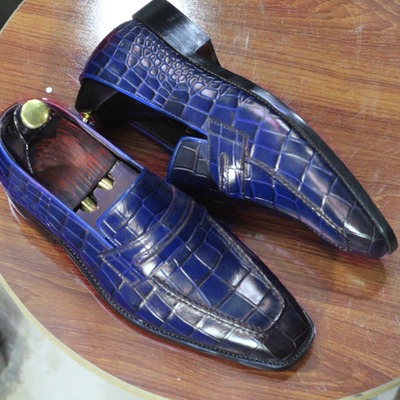 Handmade men's fashion blue alligator print leather peeny loafer shoes