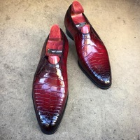 Handmade Men's Fashion Burgundy Alligator Print Leather Loafer Shoes - Thumbnail 1