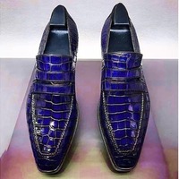 Handmade Men's Fashion Blue Alligator Print Leather Peeny Loafer Shoes - Thumbnail 1