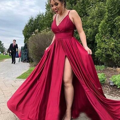 Spaghetti straps split side wine red long prom dresses - Thumbnail 4