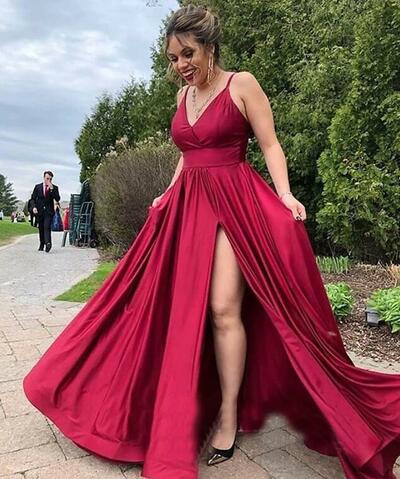 Spaghetti Straps Split Side Wine Red Long Prom Dresses